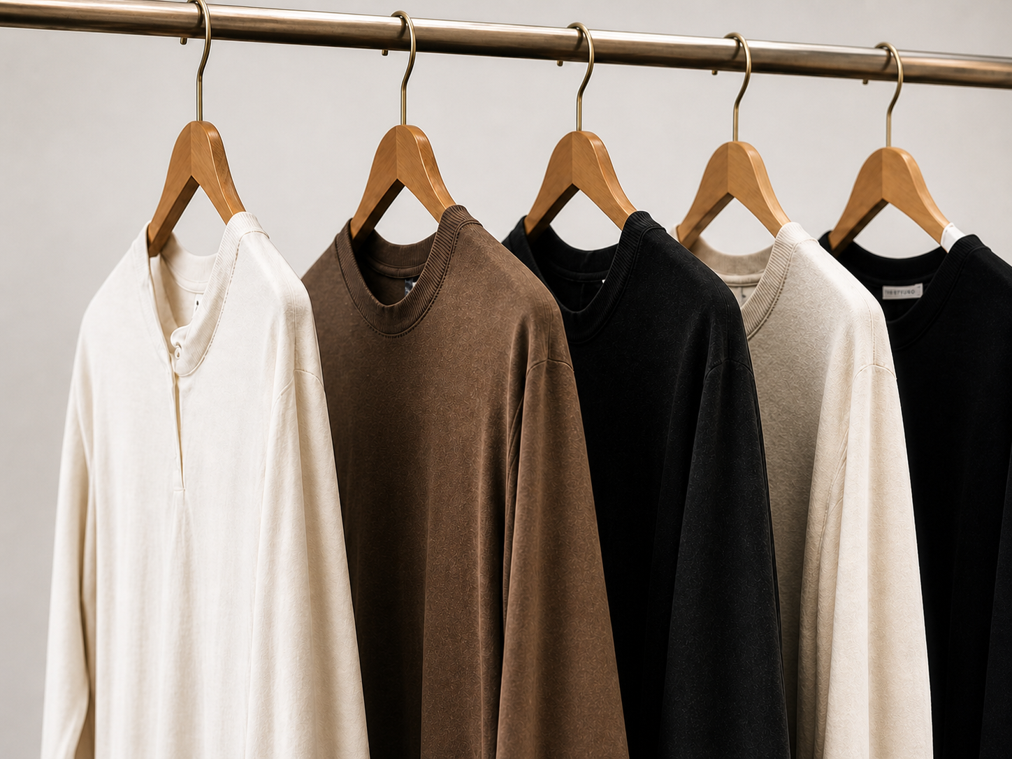 Curated wardrobe pieces on hangers in neutral tones